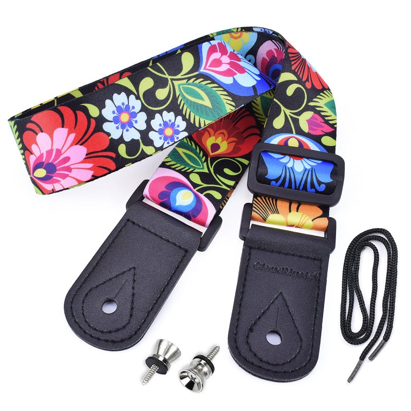 CLOUDMUSIC Tenor Concert Soprano Baritone Ukulele Strap Coloful Floral Pattern Straps With 2 Buttons For Adult Size And Kids Peacock Flowers In Black - Image 1